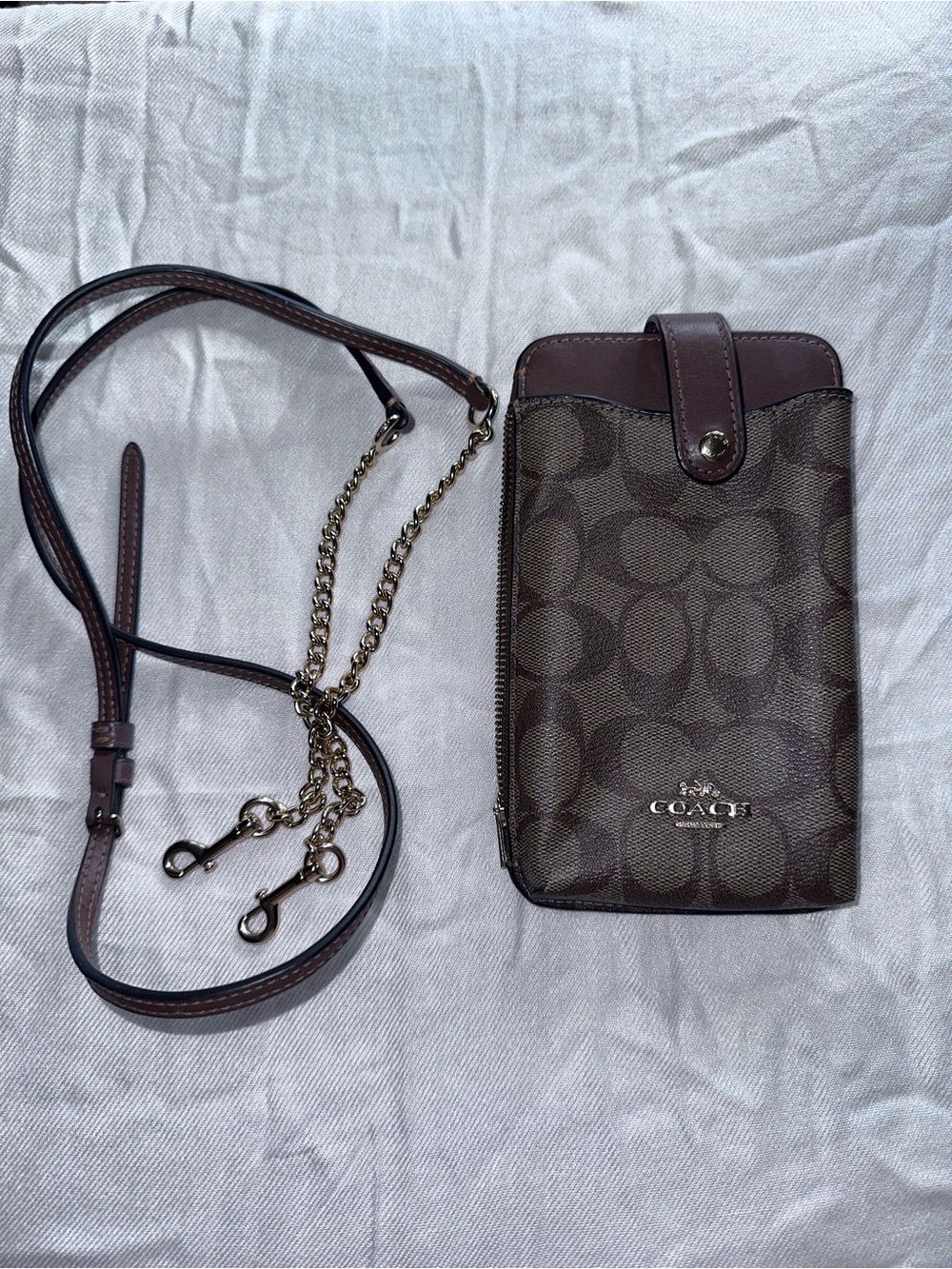 Coach Brown Signature Canvas Crossbody Phone Pouch with Chain Strap